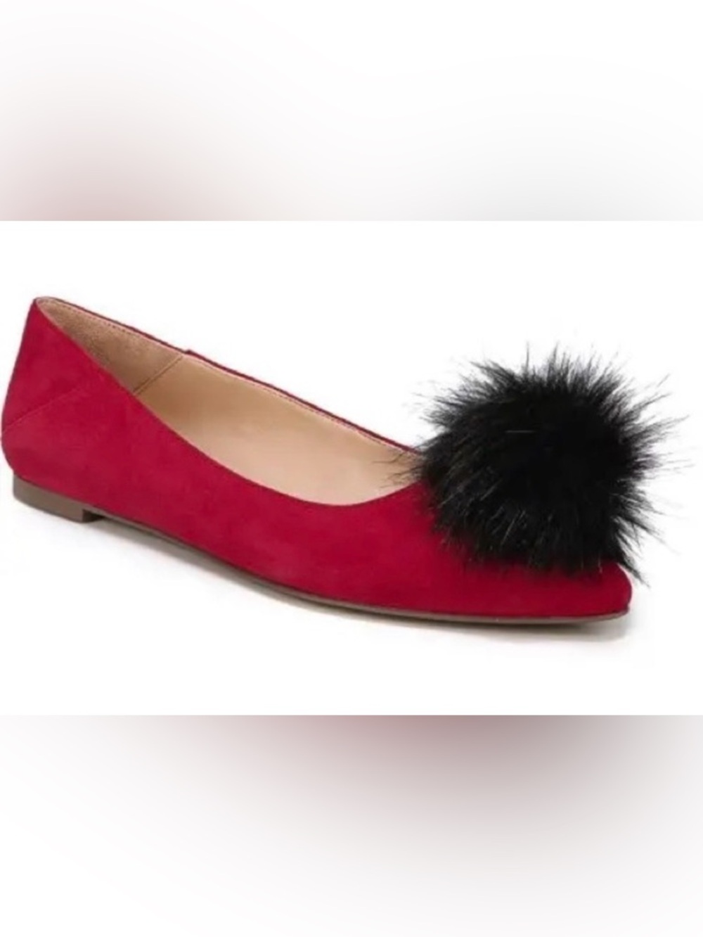 Franco Sarto | Red Genuine Suede Pointed Toe Flats Black Faux Fur Pom Pom